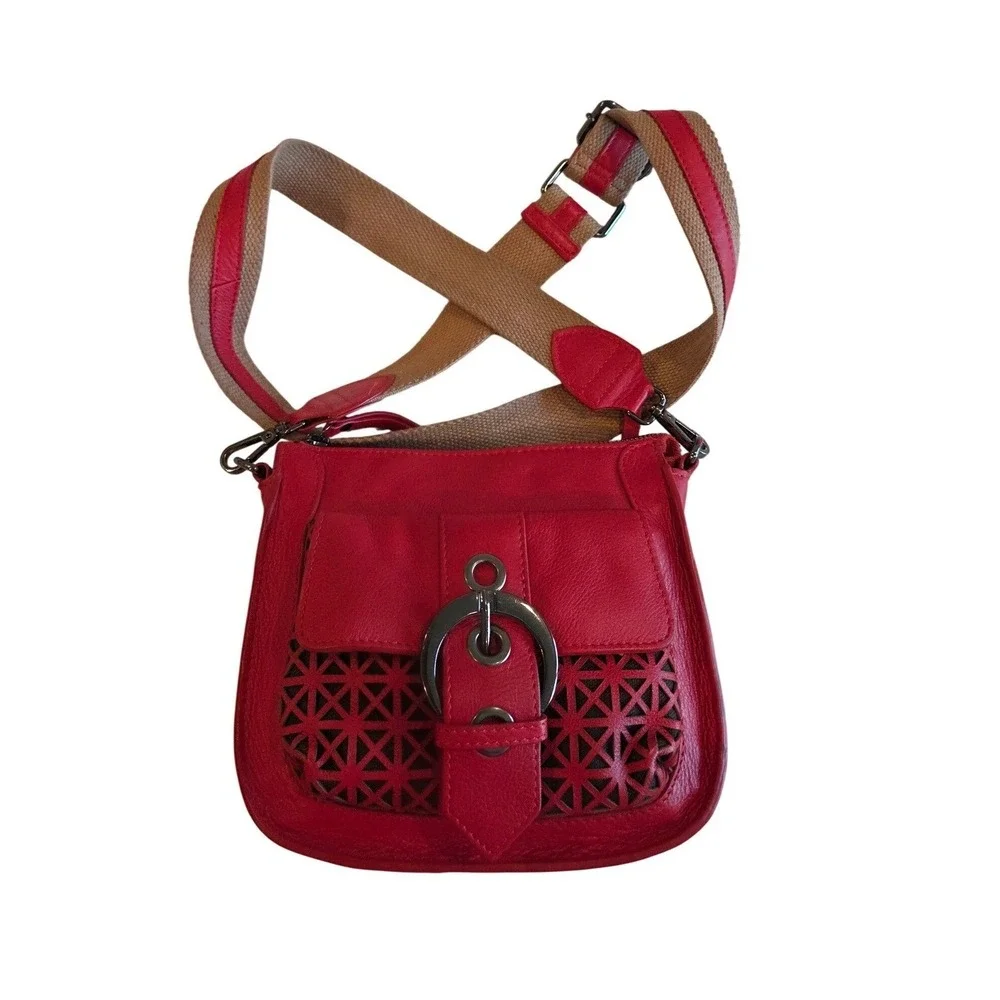 S.E.F New York Red Leather Laser Cut Crossbody Bag Buckle Strap Boho Fesyival‎